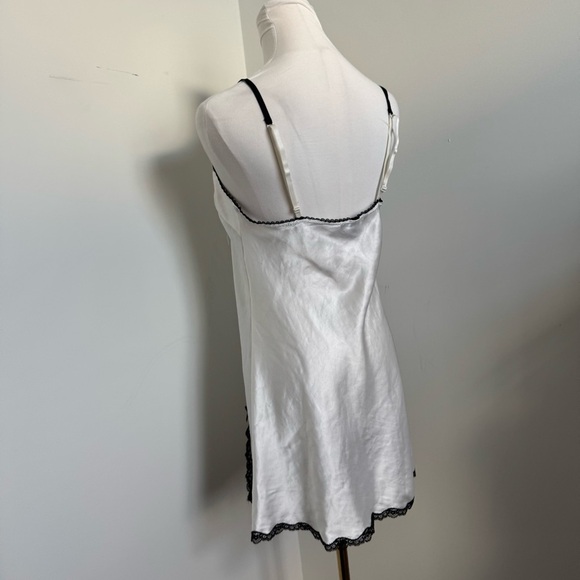 Vintage Silver Satin Slip Dress Black Lace Trim Whimsigoth Coquette Lingerie M - Picture 9 of 10